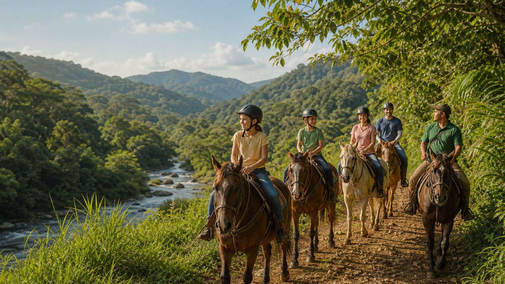 Family enjoying a horseback ride on a tropical mountain trail